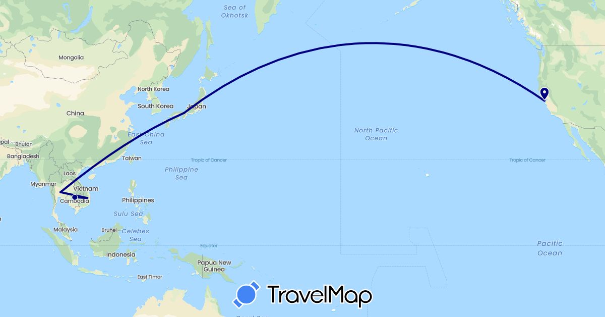 TravelMap itinerary: driving in Japan, Cambodia, Thailand, United States, Vietnam (Asia, North America)